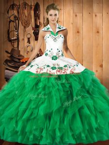 Stylish Floor Length Green Sweet 16 Dresses Halter Top Sleeveless Lace Up