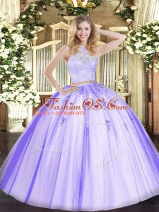 Beautiful Sleeveless Tulle Floor Length Zipper 15 Quinceanera Dress in Lavender with Lace and Appliques