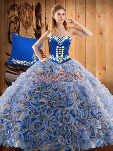 Enchanting Satin and Fabric With Rolling Flowers Sweetheart Sleeveless Sweep Train Lace Up Embroidery 15 Quinceanera Dress in Multi-color