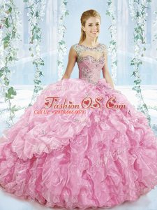 Elegant Baby Pink Ball Gowns Sweetheart Sleeveless Organza Brush Train Lace Up Beading and Ruffles Quinceanera Dresses