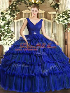 V-neck Sleeveless Quinceanera Dresses Floor Length Beading and Ruffled Layers Royal Blue Organza