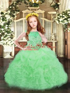 Sleeveless Floor Length Beading and Ruffles and Pick Ups Zipper Custom Made Pageant Dress with Apple Green