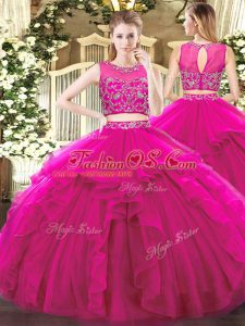 Classical Tulle Sleeveless Floor Length Sweet 16 Dresses and Beading and Ruffles