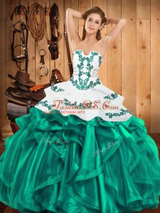 Popular Turquoise Sleeveless Floor Length Embroidery and Ruffles Lace Up Quinceanera Dress