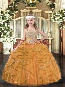 Orange Sleeveless Tulle Lace Up Custom Made Pageant Dress for Military Ball and Sweet 16 and Quinceanera and Wedding Party