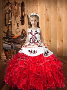 Embroidery and Ruffles Pageant Dress Womens Red Lace Up Sleeveless Floor Length