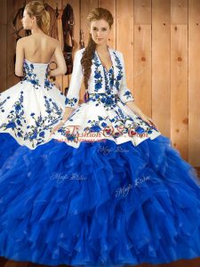 Deluxe Blue Sleeveless Floor Length Embroidery and Ruffles Lace Up Quince Ball Gowns