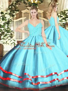 Aqua Blue Ball Gowns Spaghetti Straps Sleeveless Organza Floor Length Zipper Ruffled Layers 15 Quinceanera Dress