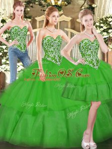 Custom Designed Green Sleeveless Beading and Ruffled Layers Floor Length Quinceanera Dresses