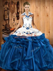 Sweet Halter Top Sleeveless Satin and Organza 15th Birthday Dress Embroidery and Ruffles Lace Up