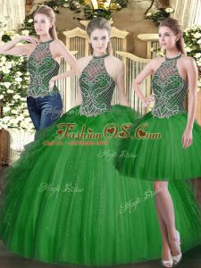 Floor Length Lace Up Sweet 16 Dress Dark Green for Military Ball and Sweet 16 and Quinceanera with Beading and Ruffles