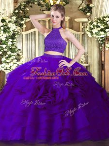 Sleeveless Tulle Floor Length Backless Sweet 16 Dress in Purple with Beading and Ruffles