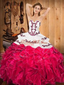 Inexpensive Satin and Organza Sleeveless Floor Length Sweet 16 Dresses and Embroidery and Ruffles
