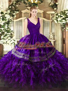 V-neck Sleeveless Zipper Quince Ball Gowns Purple Organza