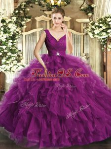 Charming V-neck Sleeveless Organza Quince Ball Gowns Beading Backless