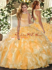 Free and Easy Gold Backless Halter Top Beading and Ruffles Quinceanera Gowns Organza Sleeveless