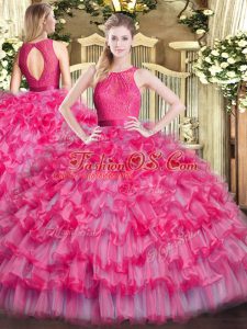 Luxury Hot Pink Scoop Neckline Lace and Ruffled Layers Ball Gown Prom Dress Sleeveless Zipper