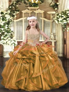 Modern Sleeveless Floor Length Beading and Ruffles Lace Up High School Pageant Dress with Brown