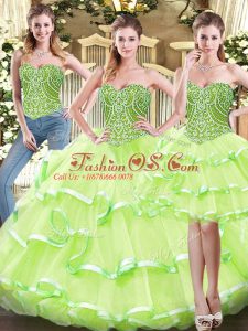 Yellow Green Three Pieces Organza Sweetheart Sleeveless Ruffled Layers Floor Length Lace Up Quinceanera Gown