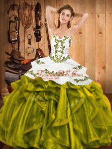 Super Olive Green Satin and Organza Lace Up Vestidos de Quinceanera Sleeveless Floor Length Embroidery and Ruffles