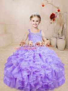 Fashionable Ball Gowns Little Girl Pageant Gowns Lavender Straps Organza Sleeveless Floor Length Lace Up