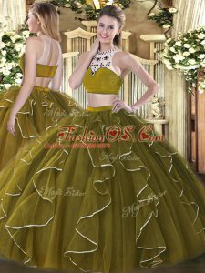 Latest Floor Length Olive Green Quinceanera Dress Organza Sleeveless Beading and Ruffles