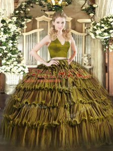 Designer Olive Green Sweet 16 Dress Military Ball and Sweet 16 and Quinceanera with Ruffled Layers Halter Top Sleeveless Zipper
