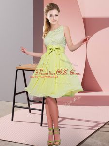 Discount Chiffon Scoop Sleeveless Side Zipper Lace and Bowknot Quinceanera Dama Dress in Yellow Green