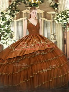 Excellent Rust Red Organza and Taffeta Backless V-neck Sleeveless Floor Length Vestidos de Quinceanera Beading and Lace and Embroidery and Ruffled Layers