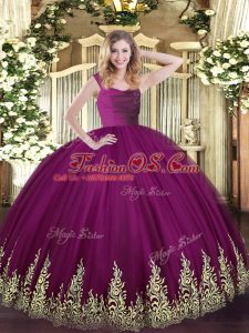 Colorful Fuchsia Ball Gowns Tulle Straps Sleeveless Beading and Appliques Zipper Quinceanera Gowns