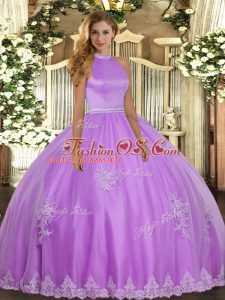 Simple Sleeveless Floor Length Beading and Appliques Backless Sweet 16 Dresses with Lilac