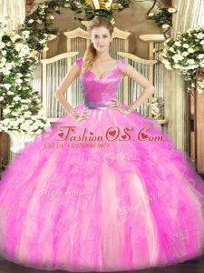 Modest Sleeveless Floor Length Beading and Ruffles Zipper Sweet 16 Dress with Rose Pink
