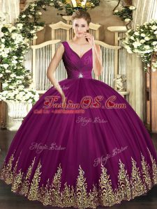 Fantastic Fuchsia V-neck Neckline Beading and Appliques and Ruching Sweet 16 Dresses Sleeveless Backless