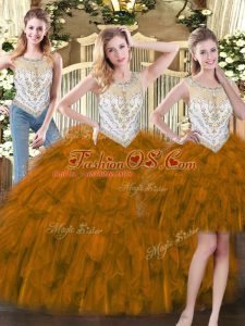 Brown Sleeveless Beading and Ruffles Floor Length Quince Ball Gowns