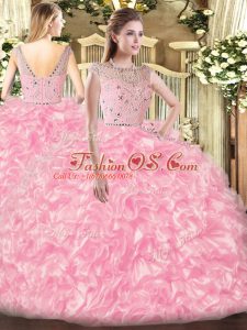 Comfortable Beading and Ruffles Vestidos de Quinceanera Rose Pink Zipper Sleeveless Floor Length