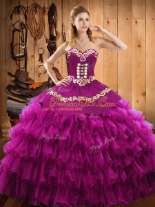 Classical Fuchsia Satin and Organza Lace Up Sweetheart Sleeveless Floor Length 15th Birthday Dress Embroidery and Ruffled Layers