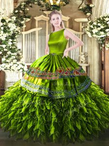 Dazzling Floor Length Olive Green 15 Quinceanera Dress Scoop Sleeveless Zipper