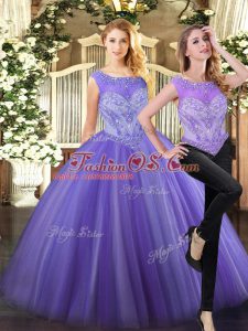 Floor Length Zipper Quinceanera Dress Lavender for Military Ball and Sweet 16 and Quinceanera with Beading