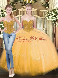 Flare Gold Sleeveless Beading Floor Length Quinceanera Gowns