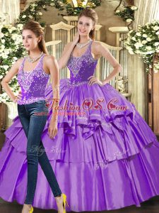 Best Selling Eggplant Purple Two Pieces Ruffled Layers 15 Quinceanera Dress Lace Up Organza Sleeveless Floor Length