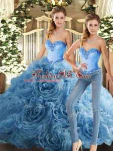 Baby Blue Fabric With Rolling Flowers Lace Up 15 Quinceanera Dress Sleeveless Floor Length Beading