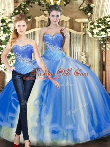 Custom Fit Baby Blue Ball Gowns Tulle Sweetheart Sleeveless Beading Floor Length Lace Up Sweet 16 Dress