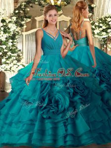 Teal Sleeveless Beading and Ruffled Layers Quinceanera Gowns