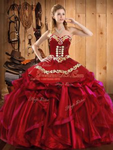 Modern Wine Red Ball Gowns Satin and Organza Sweetheart Sleeveless Embroidery and Ruffles Floor Length Lace Up Ball Gown Prom Dress