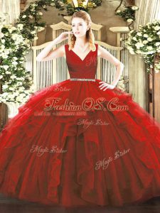 New Style V-neck Sleeveless Zipper Quinceanera Gowns Wine Red Tulle
