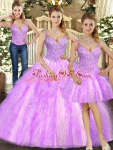 Vintage Lilac Sleeveless Floor Length Beading and Ruffles Lace Up 15th Birthday Dress