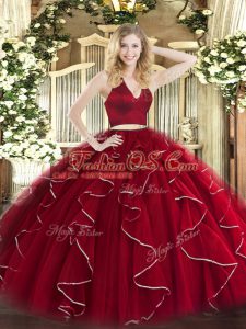 Classical Halter Top Sleeveless Quinceanera Gown Floor Length Ruffles Wine Red Organza