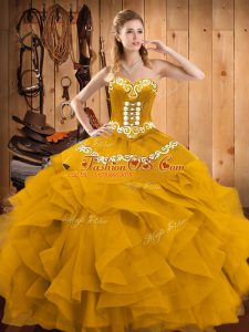 Nice Sleeveless Floor Length Embroidery and Ruffles Lace Up Quinceanera Gown with Gold