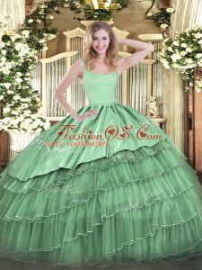 Flirting Green Ball Gowns Organza Straps Sleeveless Embroidery and Ruffled Layers Floor Length Zipper Sweet 16 Dresses