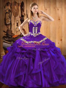 Glamorous Purple Organza Lace Up Sweetheart Sleeveless Floor Length Sweet 16 Quinceanera Dress Embroidery and Ruffles